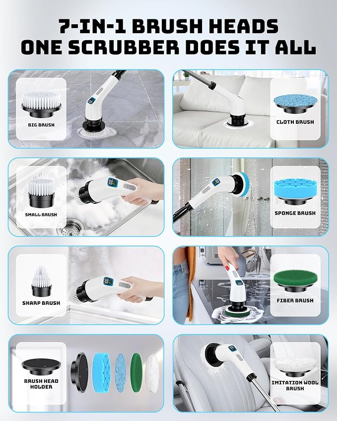Electric Spin Scrubber, IPX7 Shower Scrubber 7 Replaceable Brush Heads-90Mins - Image 5