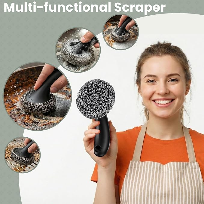 Cast Iron Scrubber with Long Handle | 316 Cast Iron Cleaner Chainmail Scrubber - Image 3