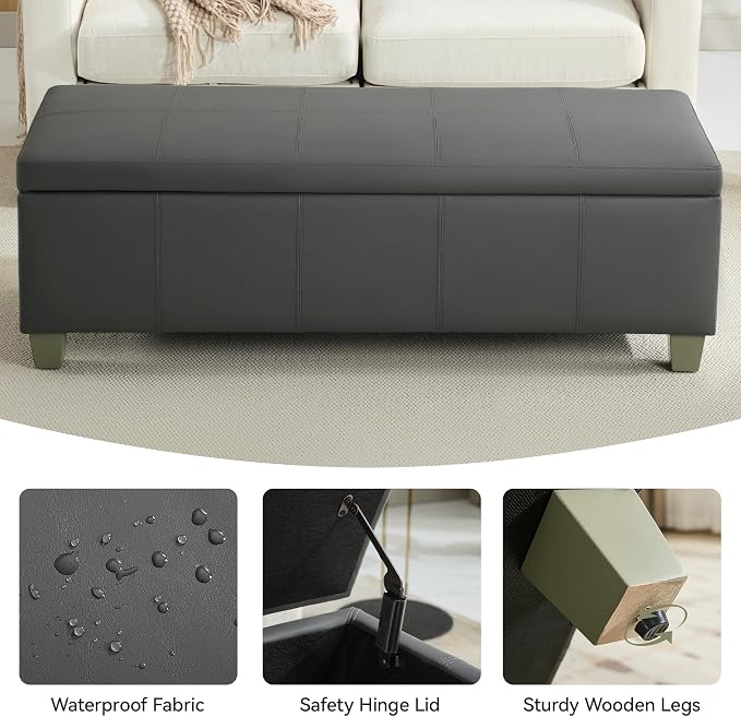 51" Faux Leather Storage Ottoman, Stitch Tufted Rectangle Upholstered End of - Image 4