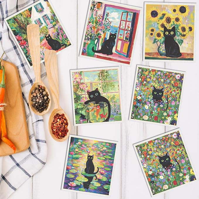 Swedish Dishcloths for Kitchen, 6 Pack Oil Painting Black Cat Reusable Paper - Image 5
