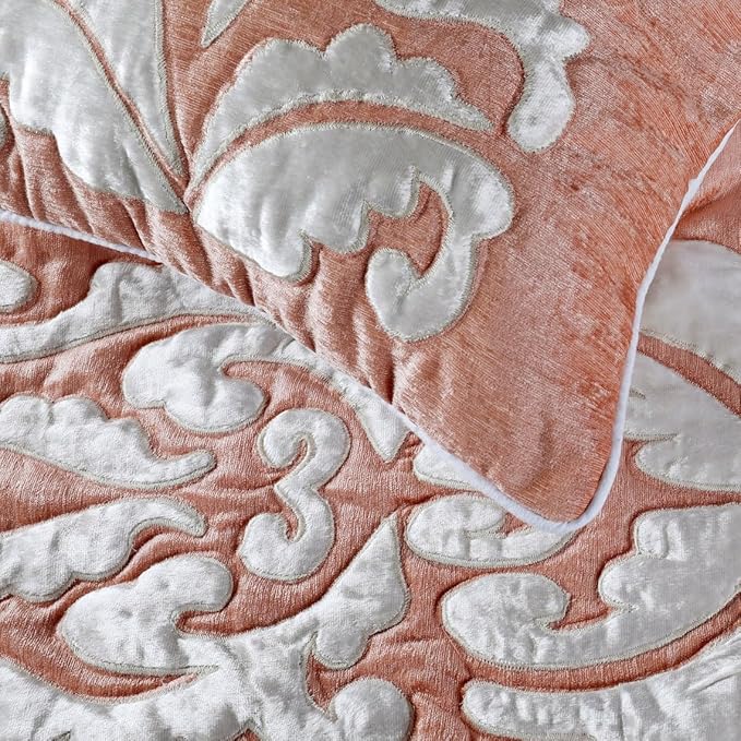 The HomeCentric Luxury Peach & Ivory Full 68 x 18 inch Bed Runner with 2 Pillow Cover, Velvet Applique Bed Scarf, Abstract Modern - Peach Elegance