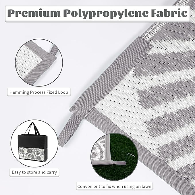 Ileading Outdoor Plastic Straw Rug 8x10ft Modern Geometric Style Reversible Patio Area Rugs Waterproof Non Shedding Portable Carpets for Rv Outside Deck Pool Beach Picnic Camping (Grey)