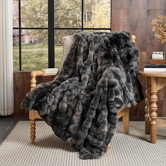Lotus Karen Faux Fur Blanket Tie-Dye Dark Gray Twin Size - Big Bubble Rabbit Fluff Throw for Couch Small Fluffy Fuzzy Cozy Thick Furry Plush Shaggy Blankets 90x90 Inches