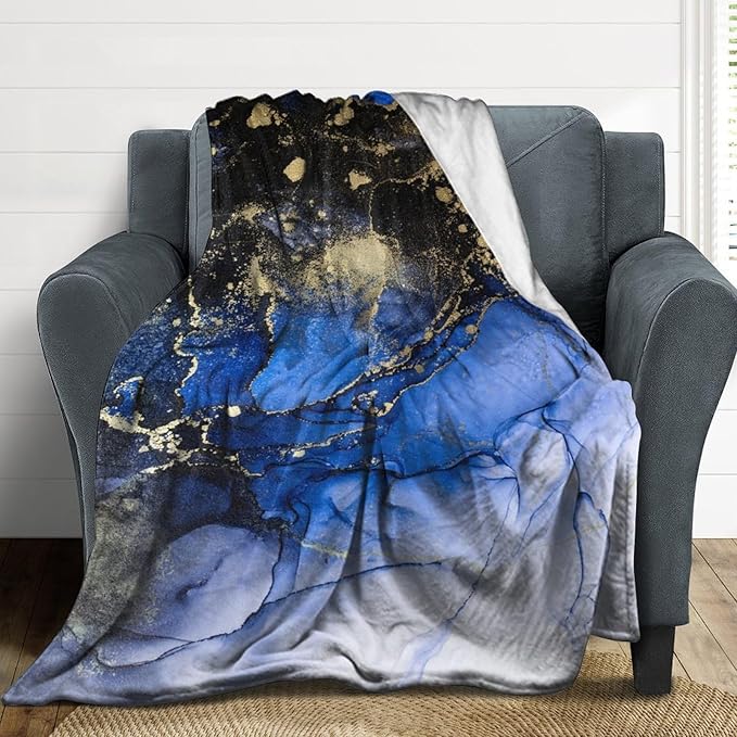 Modern Marble Blanket, Abstract Luxury Baroque Golden Dark Blue Stone Veins Pattern Soft Warm Cozy Plush Flannel Covers for Livingroom Bedroom Couch Chair Camping Travel Home Decor Tapestry 40x50in