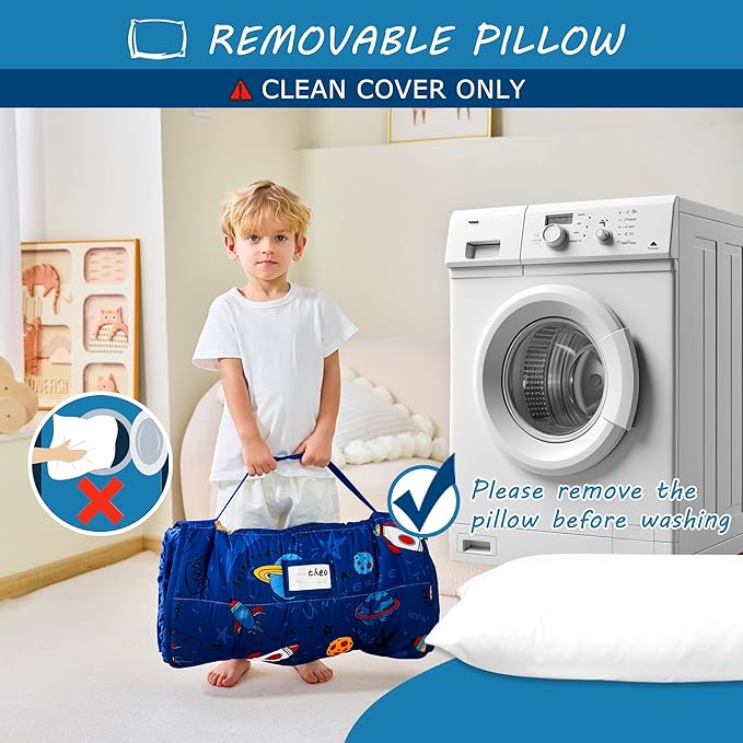 Toddler Nap Mat with Pillow and Blanket, Extra Large Rolled Napping Mats,Slumber Bags for Boys Girls,Kids Sleeping Bag for Daycare, Preschool Travel Camping