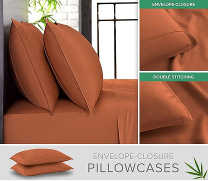 Pure Bamboo Queen Sheets, Genuine 100% Organic Viscose Derived from Bamboo Bed Sheet Set, Luxuriously Soft & Cooling, Double Stitching, 2 Year Quality Promise (Queen, Terracotta)