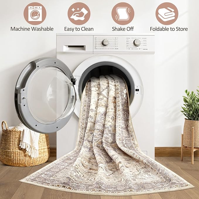 4x6 Area Rug Washable Rugs: Boho Large Neutral Vintage Soft Rugs Stain Resistant Farmhouse Non-Slip Indoor Floor Carpet for Bedroom Nursery Entryway Kids Playroom Office Dining Room Home Decor- Brown