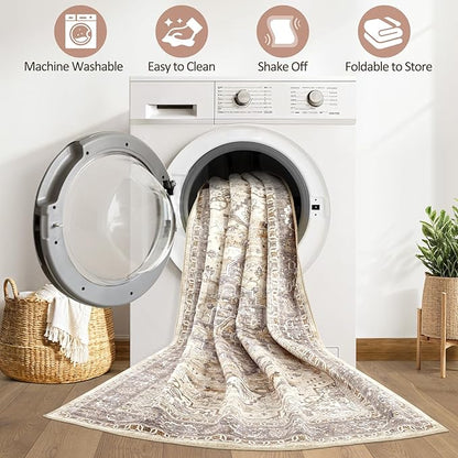 4x6 Area Rug Washable Rugs: Boho Large Neutral Vintage Soft Rugs Stain Resistant Farmhouse Non-Slip Indoor Floor Carpet for Bedroom Nursery Entryway Kids Playroom Office Dining Room Home Decor- Brown