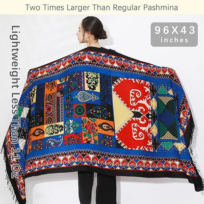 DANA XU 100% Merino Wool Pashmina Shawl for Women 96"x43", Oversized Cashmere Wrap with Tassels, Floral Travel Blanket Cape