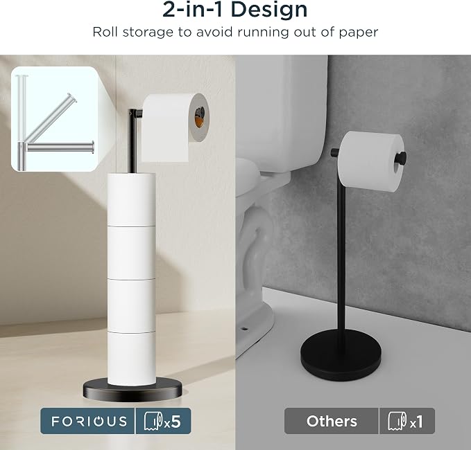 FORIOUS Toilet Paper Holder Stand, Modern Freestanding Tissue Roll Holder - Image 3