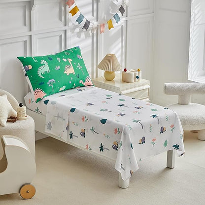 DuShow Dinosaur Toddler Bedding Set for Boys, 4 Pieces Soft Crib Bed Set Including Comforter, Fitted Sheet, Flat Top Sheet and Pillowcase-Green