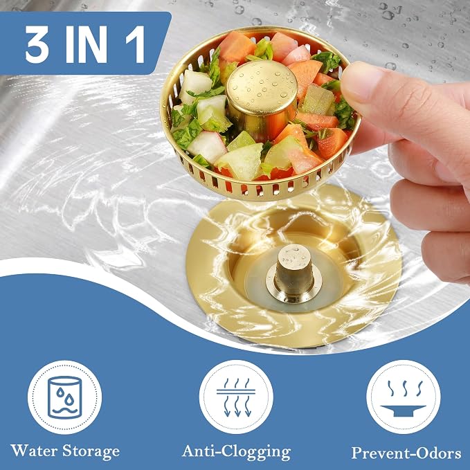 Kitchen Sink Drain Strainer 3 in 1, 304 Stainless Steel Pop Up Sink Stopper - Image 2