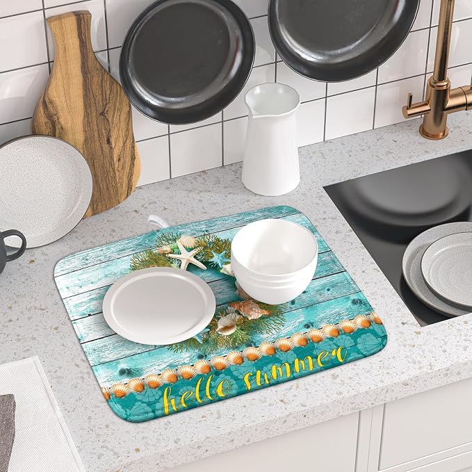 Coastal Wreath Dish Drying Mat 16x18 inch Starfish Shell Absorbent Microfiber - Image 6