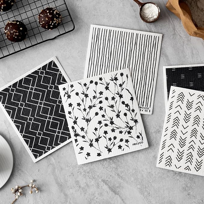 RECYCO Swedish Dishcloths for Kitchen | 5 Pack Geometric Washable Dish Rags | - Image 2