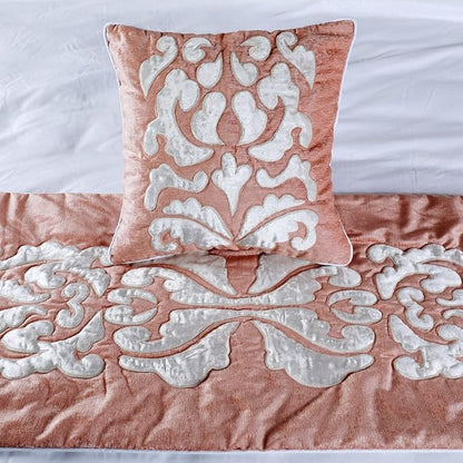 The HomeCentric Designer Peach & Ivory CA King 86 x 18 inch Bed Runner with Pillow Cover Set, Velvet Applique Bed Scarf, Abstract Modern - Peach Elegance