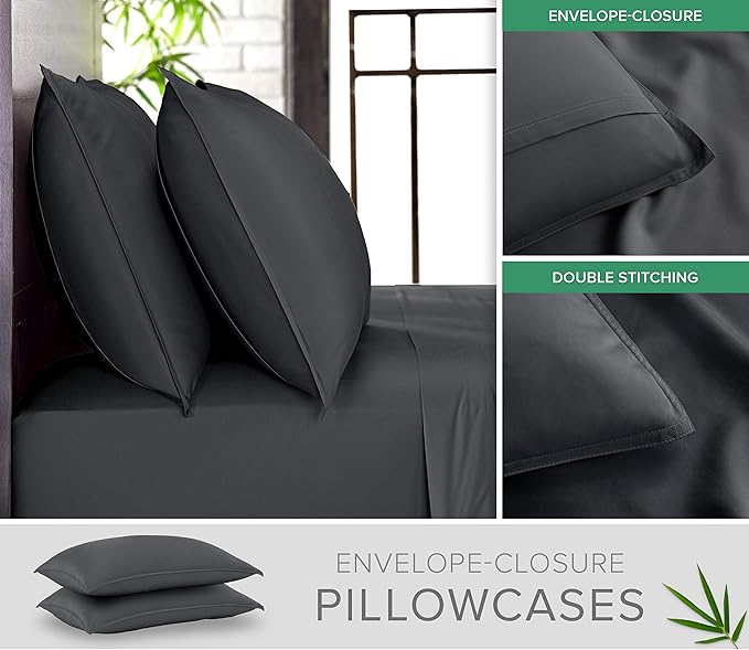Pure Bamboo King Sheets, Genuine 100% Organic Viscose Derived from Bamboo Bed Sheet Set, Luxuriously Soft & Cooling, Double Stitching, 2 Year Quality Promise (King, Charcoal)