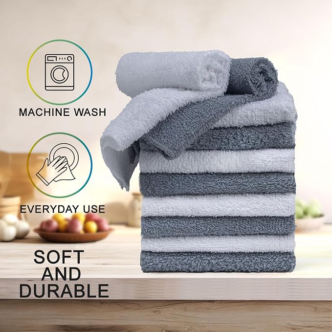 Terry Washcloths – 12x12 Inches – Pack of 10 – Grey & White – Highly Absorbent - Image 2