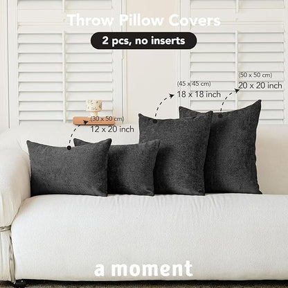 a moment Pack of 2 Decorative Chenille Throw Pillow Covers with Twill Cushion Covers for Sofa Living Room Couch Bed 20x20 Inch Black