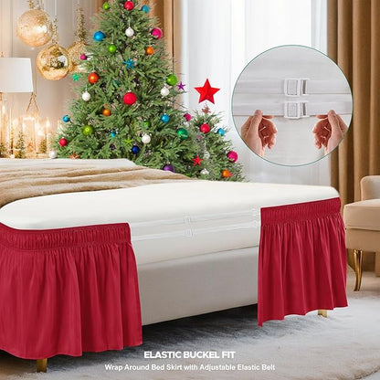 Biscaynebay Wrap Around Bed Skirts for King & Cal King Beds 15" Drop, Christmas Red Adjustable Elastic Dust Ruffles Easy Fit Wrinkle & Fade Resistant Silky Luxurious Fabric Machine Washable