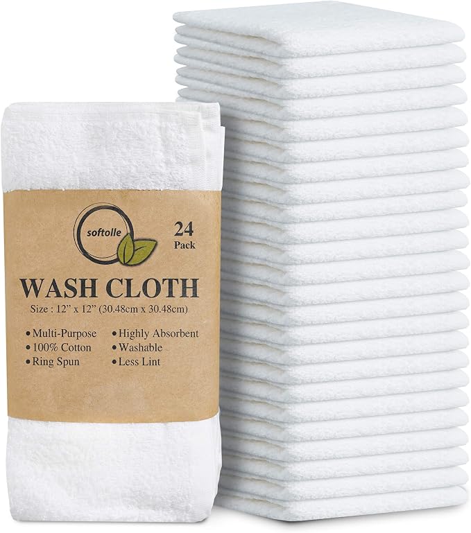 Softolle 100% Cotton Washcloths 24 Pack Soft, Highly Absorbent Washcloth by Softolle
