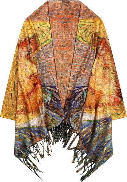 VENVSBEE Reversible Scarf Soft Large Shawl Wrap Blanket Double Sided Art Print Warm Pashmina Stoles Klimt Van Gogh Gifts