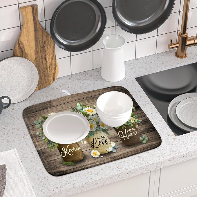 Flower Vase Dish Drying Mats 16x18 Inch Rustic Wood Reversible Microfiber - Image 6