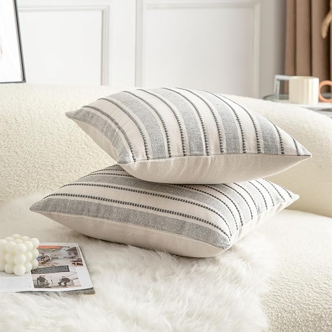 Decorative Boho Throw Pillow Covers, Farmhouse Textured Pillow Case, 20 x 20 Inch Set of 2, Chair Sofa Bedroom Living Room Home Decor Couch Cushion Case, Grey and Beige Striped