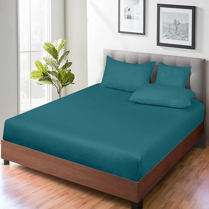 ROYALE LINENS 300 Thread Count 100% Long Staple Combed Cotton Fitted Sheet Queen - Super Soft Deep Pocket Bottom Sheet - Fitted Sheets Only - Elastic Sheets (Queen, Teal)