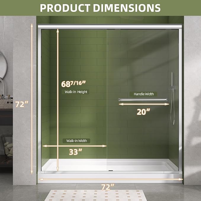 GETPRO Shower Door 62-66 in. W x 72 in. H Double Sliding Semi-Frameless Bypasss - Image 9