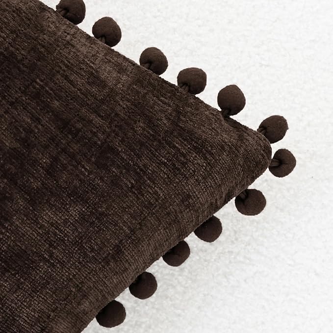 CaliTime Throw Pillow Covers Decorative 16 X 16 Inches Pack of 2 Cozy Solid Dyed Soft Chenille Cushion Cases with Pom Poms for Couch Sofa Bed Living Room Home Coffee