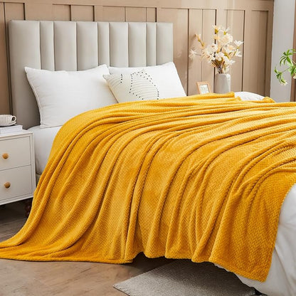 NEWCOSPLAY Super Soft Queen Blanket Mustard Yellow Premium Silky Flannel Fleece Leaves Pattern Lightweight Bed Blanket All Season Use (Mustard Yellow, Queen(90"x90"))