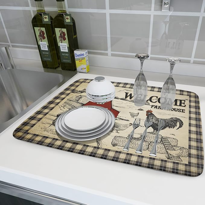 Farmhouse Rooster Dish Drying Mat 18x24 Inch Country Chicken Absorbent Dish - Image 6