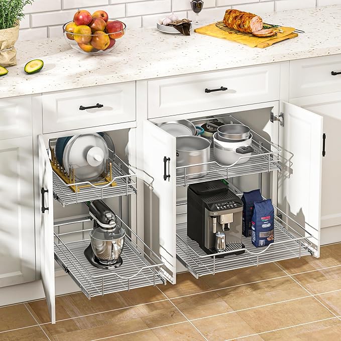 WelFurGeer 2-Tier Stainless Steel Pull Out Cabinet Organizer, Soft Close - Image 2