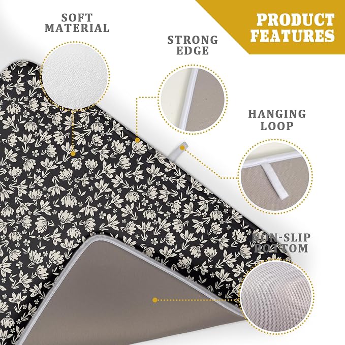 Floral Dish Drying Mat for Kitchen Counter 24x18 Inch Black Flower Drying Mat - Image 3