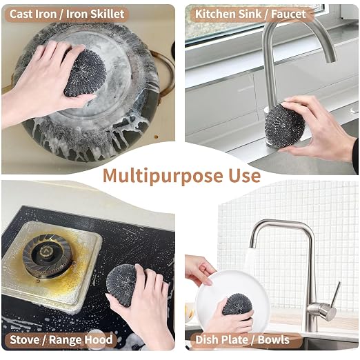 6PCS Steel Wool Scrubber Wire Sponge Set, Barbecue Grill Cleaning Scrubber Pads - Image 3