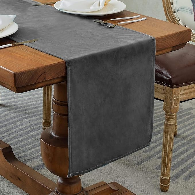BALCONY & FALCON Velvet Table Runner Luxury Machine Washable Dresser Scarves for Dinner Farmhouse Parties Home Kitchen 14 x 71 inch, Dark Gray