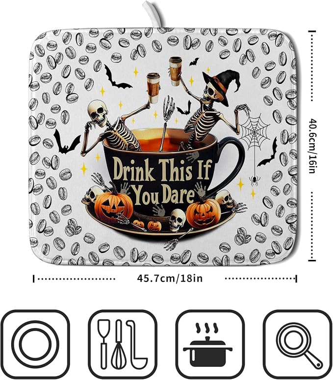 Funny Skull Coffee Matt for Counter Skeleton Dish Drying Mat Halloween - Image 2