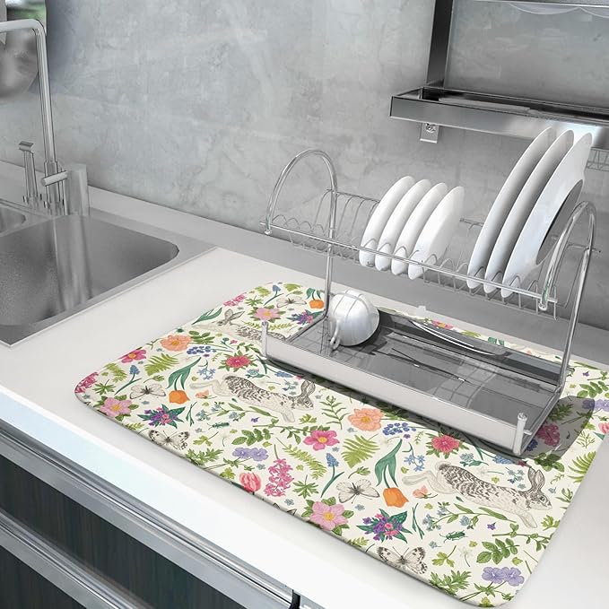 Spring Easter Dish Drying Mat for Kitchen Counter 18x24 Rabbit Bunny Green Pink - Image 5