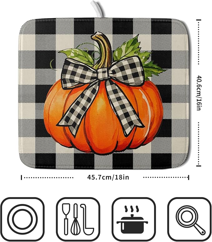 Fall Dish Drying Mat for Kitchen Counter 16x18 Autumn Pumpkin Plaid Theme - Image 2