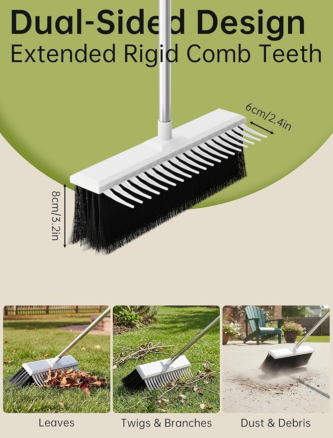 NiHome Outdoor Push Broom with Garden Rake, 2-in-1 16-Inch Dual-Sided Head - Image 2