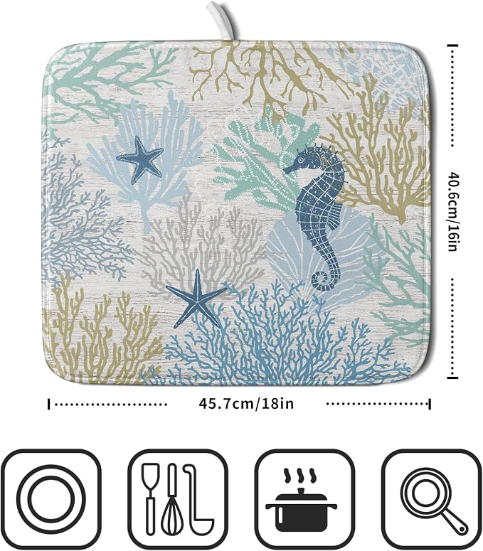 Blue Coral Dish Drying Mat Coastal Starfish Dishes Pad Hanging Drainer Mats - Image 2