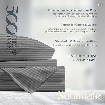 Mayfair Linen 100% Cotton Striped Sheets Queen Size Bed Set - 500 Thread Count Damask Sheets Queen Size 4 PC Set (Dark Grey Stripe), Soft, Cooling, Sateen Weave Hotel-Quality 16" Deep Pocket Bedsheet