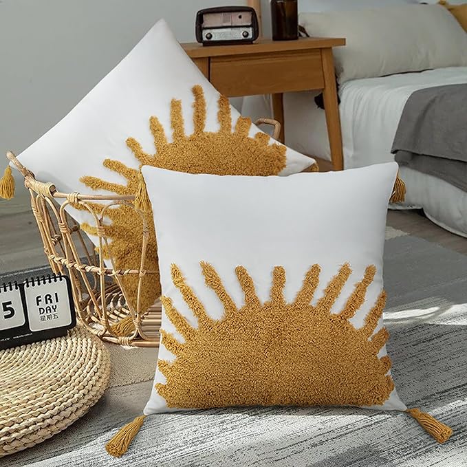 Adabana Boho Throw Pillow Covers 18x18, Decorative Tufted Pillows Cover for Couch Bed, Sun Sunshine Pillow Cover for Kids