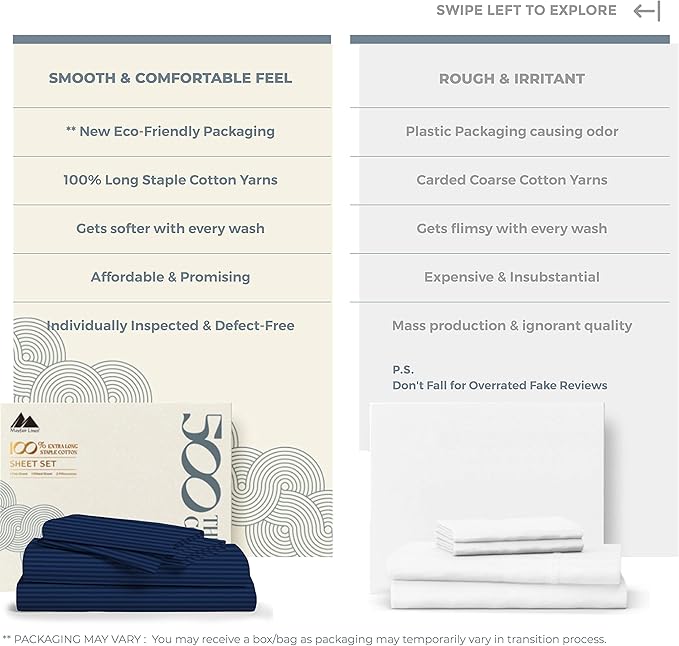 Mayfair Linen 100% Cotton Striped Sheets Split King Size Bed Set - 500 Thread Count Damask Split King Sheets for Adjustable Bed, 5 PC Set (Navy Blue Stripe), Cooling, Sateen 16" Deep Pocket Bedsheet