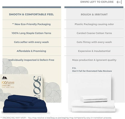 Mayfair Linen 100% Cotton Striped Sheets Split King Size Bed Set - 500 Thread Count Damask Split King Sheets for Adjustable Bed, 5 PC Set (Navy Blue Stripe), Cooling, Sateen 16" Deep Pocket Bedsheet