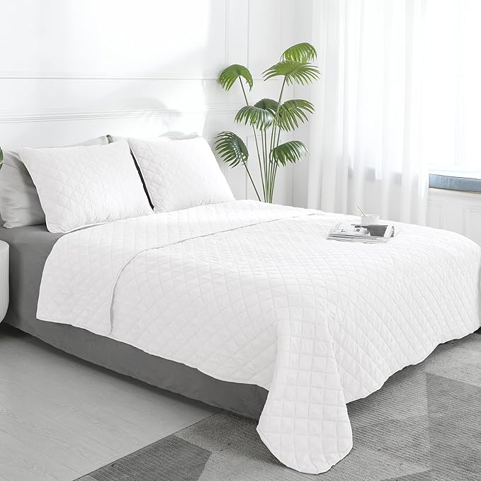 Easy-Going Twin Size Reversible Quilt Set with 1 Quilt and 1 Pillow Sham, Soft Bed Quilt Cover, Water Resistant Lightweight Microfiber Bedspread, Stain Resistant, White/White