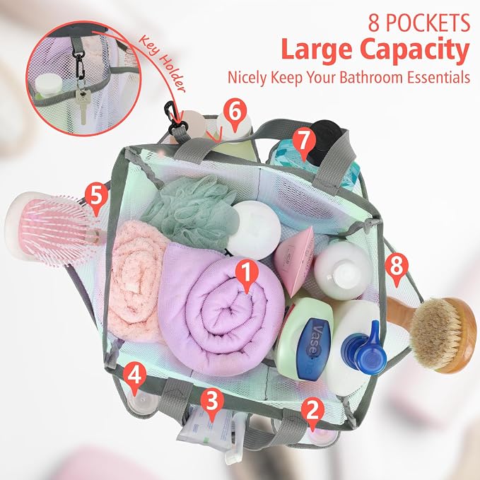 F-color Mesh Shower Caddy Portable, Upgrade Deeper 7 Pockets Shower Bag Basket - Image 2