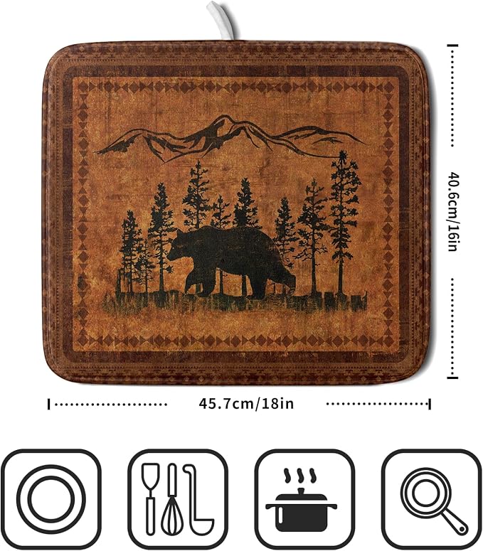 Forest Bear Dish Drying Mat 16x18 Inch Rustic Cabin Washable Microfiber - Image 2