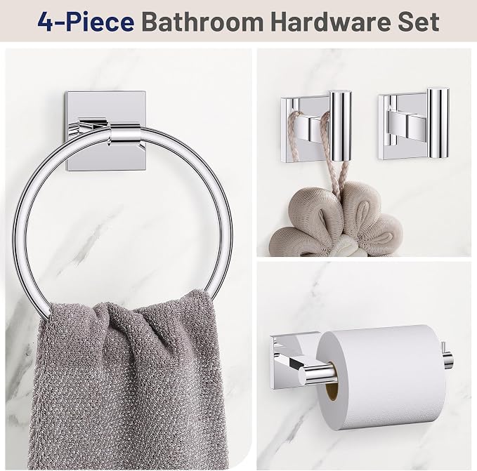 Towel Ring Set 4 Piece Bathroom Hardware Set Includes Towel Ring 2 Towel Hooks - Image 2