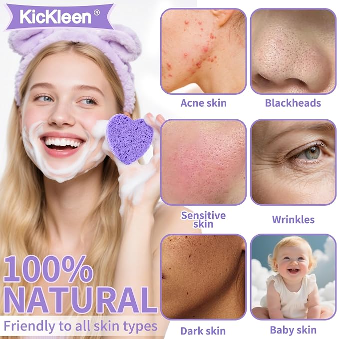 60-Count Kickleen Compressed Cellulose Heart Shape Facial Sponges | Natural - Image 3